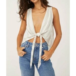 Free People By My Side Sleeveless Tie Front Top Ivory Stripe Size Medium